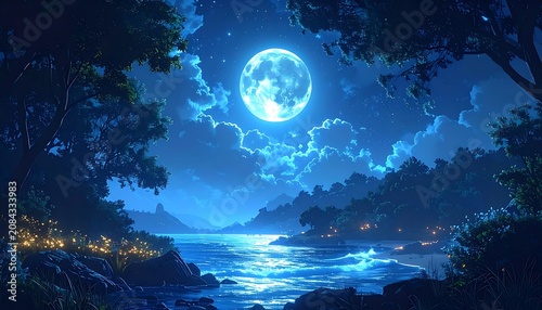 Pixel art night landscape with glowing full moon over a calm lake, surrounded by trees and distant lights, serene and magical atmosphere