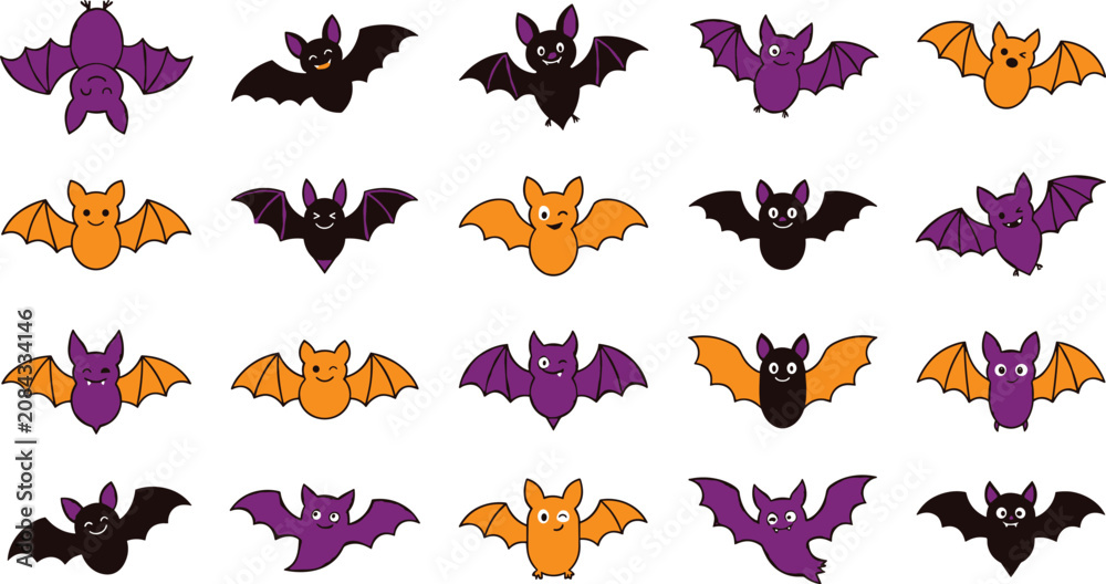Fototapeta premium Minimalist Halloween bat icon set featuring cute spooky flying characters for holiday decorations seasonal branding and festive illustrations