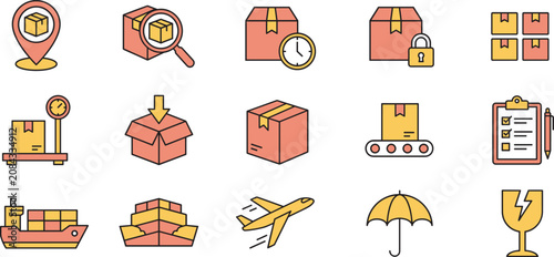 Logistics and Package Delivery Icons Set Featuring Shipping Tracking Security Air Freight and Cargo Transportation