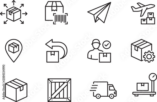 Logistics and Package Delivery Line Icons Set Featuring Shipping Tracking Distribution Returns and Fulfillment Services