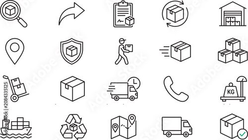 Logistics and Shipping Line Icons Collection with Delivery Tracking Warehouse and Courier Symbols