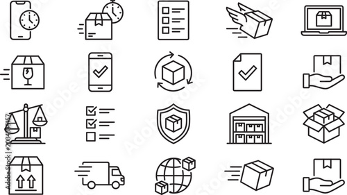 Logistics and Shipping Line Icons Set for Delivery Tracking Warehouse and Supply Chain ManagementLogistics and Shipping Line Icons Set for Delivery Tracking Warehouse and Supply Chain Management