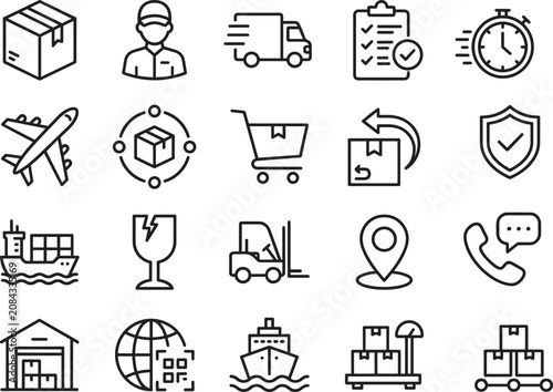 Logistics and Shipping Line Icons Set for Delivery Tracking Warehouse Transportation and Supply Chain Management