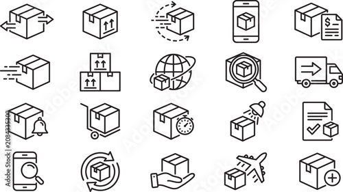 Logistics and Shipping Line Icons Set with Package Tracking Delivery and Courier Services