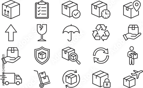 Logistics and Shipping Line Icons Set with Package Tracking Delivery and Warehouse Symbols