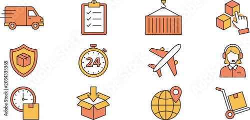 Logistics and Shipping Service Icons Collection Featuring Delivery Tracking Warehousing Air Freight and Customer Support