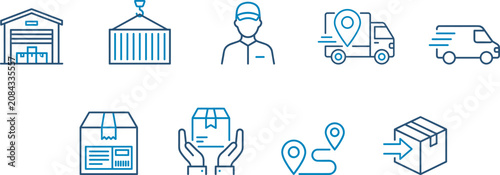 Modern Logistics and Delivery Line Icon Set Featuring Warehouse Shipping Tracking Transportation and Courier Services