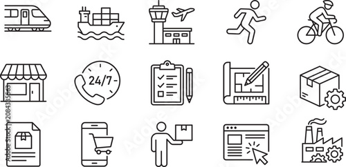 Logistics Transportation and E Commerce Line Icons Set Featuring Shipping Delivery Warehousing and Supply Chain Services