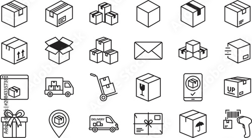 Shipping and Packaging Line Icons Set with Delivery Parcel and Logistics Symbols