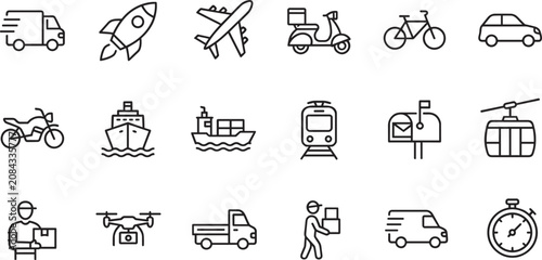 Transportation and Delivery Line Icons Set Featuring Logistics Shipping Courier Freight and Mobility Services