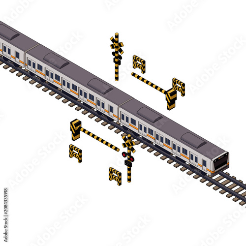 遮断機と線路のアイソメトリックイラスト。鉄道・交通インフラ素材。