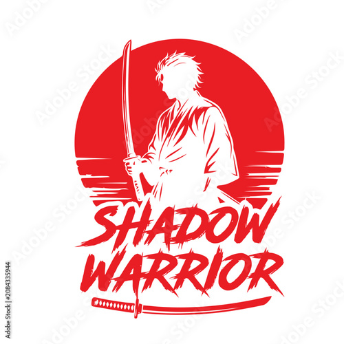 Japanese Samurai Warrior Silhouette with Katana Sword and Red Sun Vintage T-Shirt Design Vector Illustration