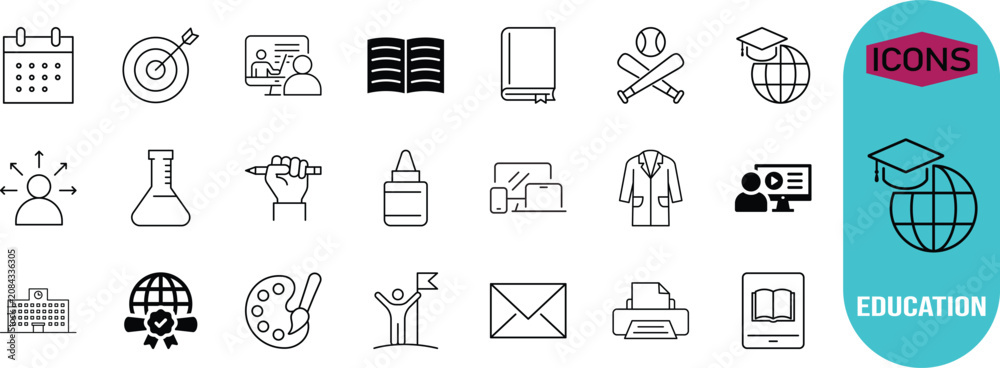 Fototapeta premium Education learning academic line icons. book icon set, graduation cap icon set, school icon set