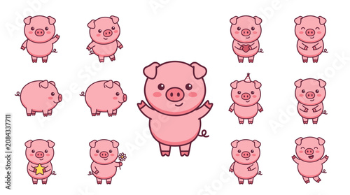 Tableau sur toile Pink pig cartoon stickers collection.