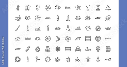 Fotografija outline nautical icons set - skiff, double air tank, ship engine propeller, lifesaver