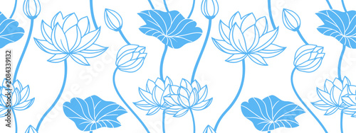 Принти на полотні Seamless lotus flower pattern with blue outline design and delicate leaf details