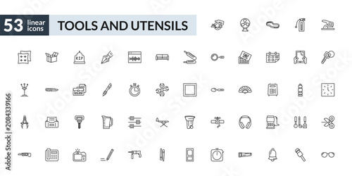 Foto outline tools and utensils icons set - power saw, writing tools, auger, optical