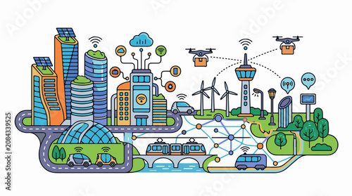Futuristic smart city with interconnected transportation and renewable energy