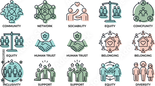 Tableau sur toile Set of colorful community and social values icons with people