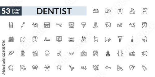 Tableau sur toile outline dentist icons set - dental plaque, denture, examination, toothpaste tube