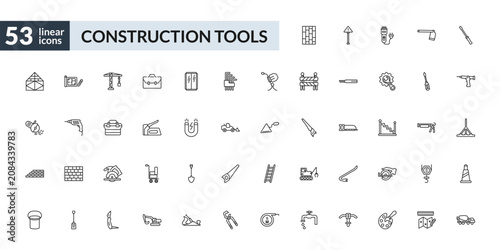 Photos outline construction tools icons set - paver, staple gun, circular saw, concrete mixer