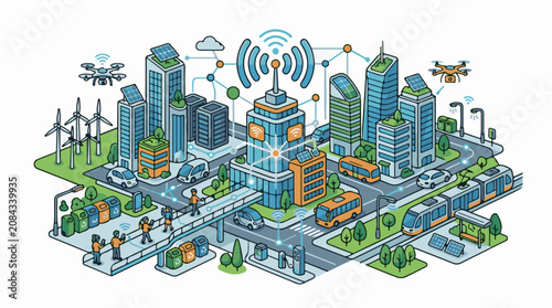Futuristic smart city illustration with clean energy transport and connectivity