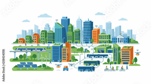 Futuristic smart city illustration with green transport and connectivity