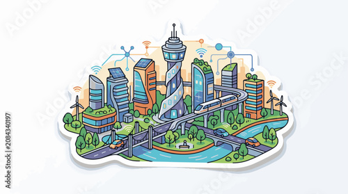 Futuristic smart city illustration with interconnected technology and renewable energy