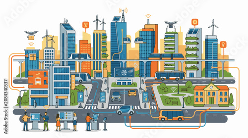 Futuristic smart city illustration with interconnected transportation and buildings