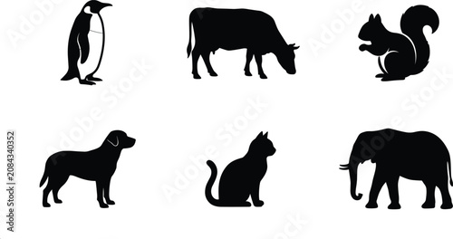 Canvas Print Minimalist wild and domestic animals black silhouettes collection containing pen