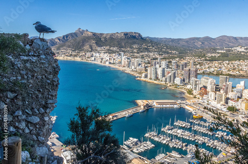 Panoramic view of Calpe, Alicante, from the ascent to Peñón de Ifach, overlooking the Mediterranean coastline, marina, sandy beaches, and the surrounding mountains under a clear blue sky.