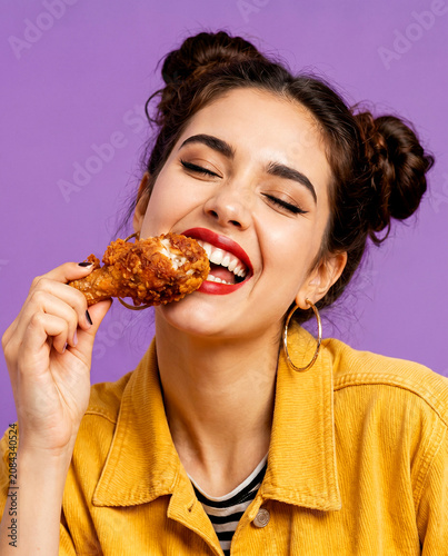 Young woman enjoying a crispy fried chicken leg
