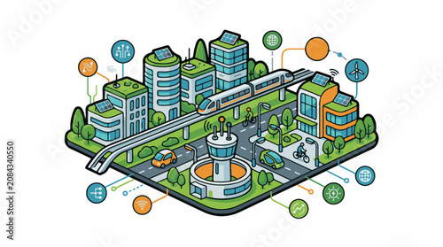 Futuristic smart city illustration with sustainable transport and connectivity