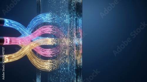 Bundled fiber optic cables transmitting glowing light and high speed data into a digital binary monolith representing cloud computing global networks and advanced telecommunication systems
