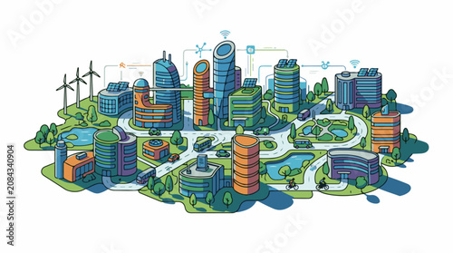 Futuristic smart city illustration with renewable energy and connectivity