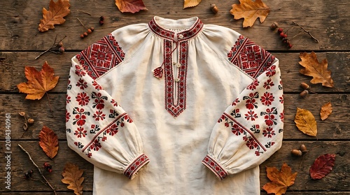 Traditional folk shirt with embroidery on rustic wooden background