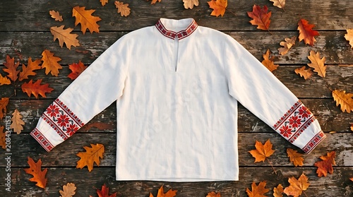 Traditional embroidered white shirt on wooden background with leaves
