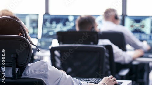 Mission Control Team Wearing Headsets Monitoring Data on Computer Screens
