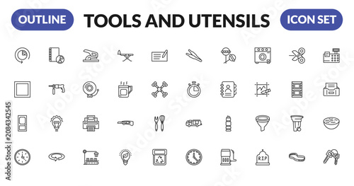 Quadro su tela outline tools and utensils icons set - time left, basic square, doors, circular clock