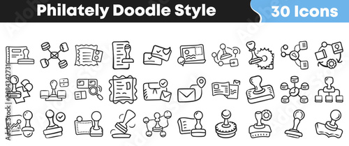 Photography Hand drawn philately doodle icons set for postal stamp collection