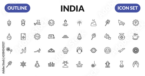 Fotografie outline india icons set - kandeel, ornament, lakshmi, shaivism