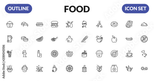Foto outline food icons set - boiler, blend, cold drink, noodle soup