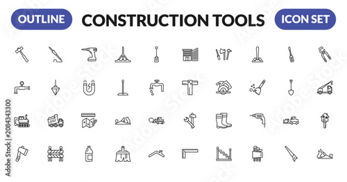 фотографія outline construction tools icons set - sledge hammer, relief valve, backhoes, inclined ax