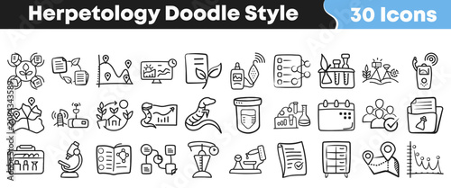 Obraz na plátne Set of black and white doodle icons for herpetology studies