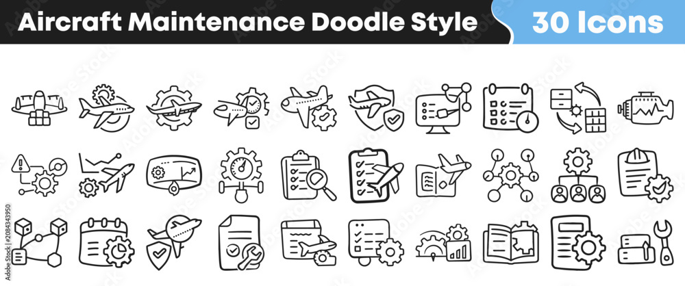 Obraz premium Collection of hand drawn aircraft maintenance and repair doodle icons
