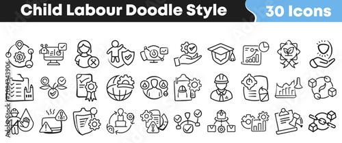 Fotografie Set of hand drawn doodle icons representing global child labour issues