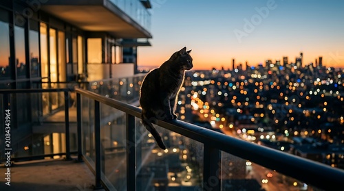 Cat sitting on high balcony railing overlooking city at sunset