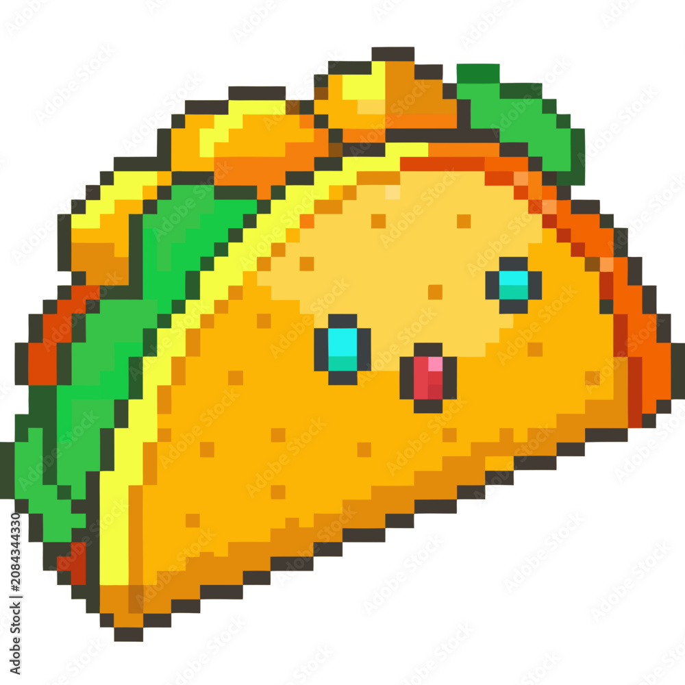 Fototapeta premium Pixel art taco illustration featuring a cute yellow shell with green lettuce in a retro game style