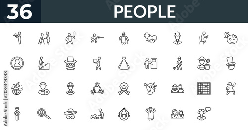 Photos outline people icons set - waiter working, help the elderly, landkeeper, family board games