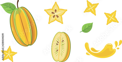 Canvastavla PrintFresh Starfruit Carambola Set with Whole Fruit Half Cut Slices Leaf and Jui